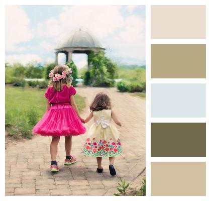 Little Girls Walking Summer Nature Image